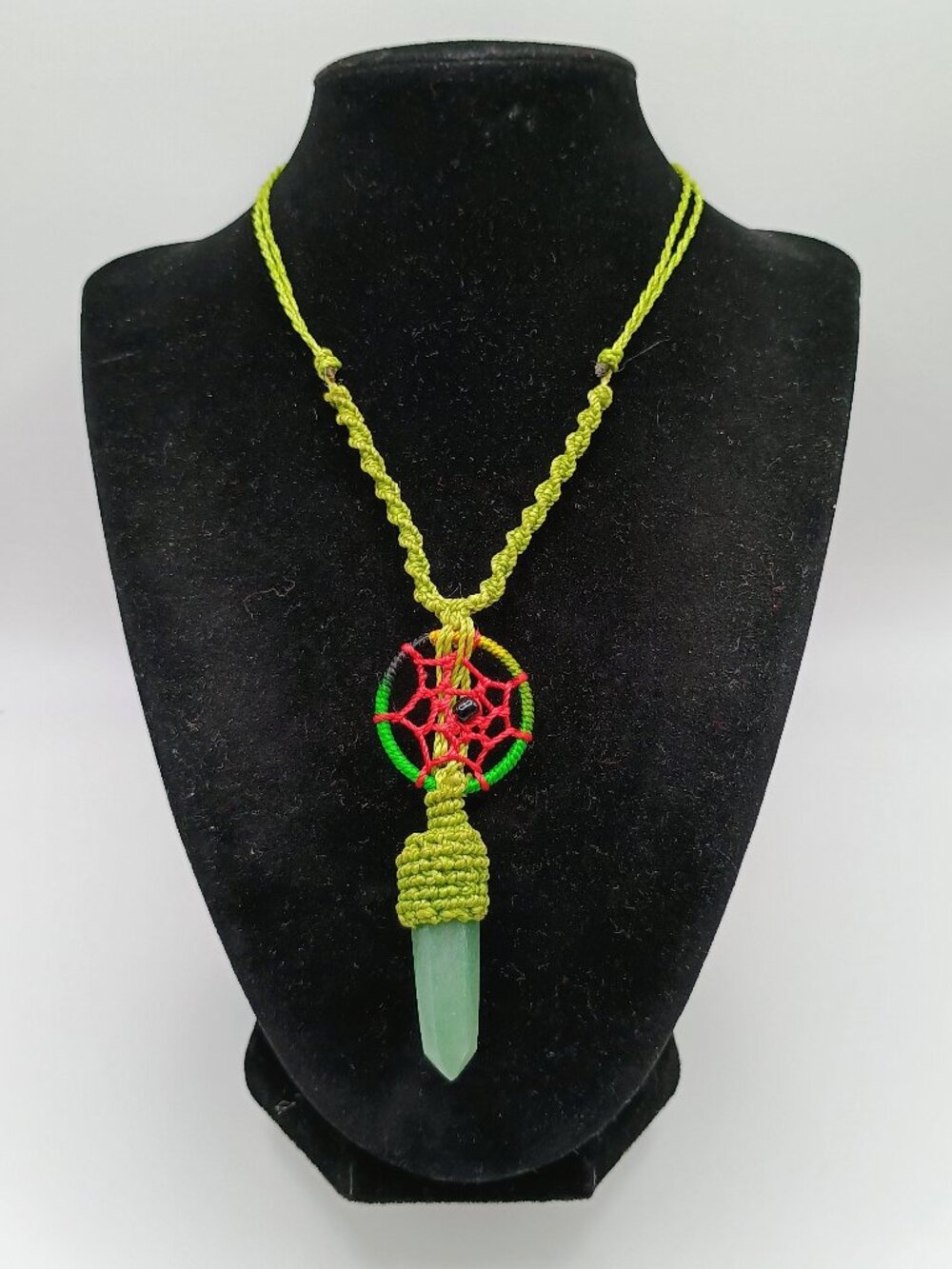 Handmade Macrame Dreamcatcher Necklace with Natural Green Stone